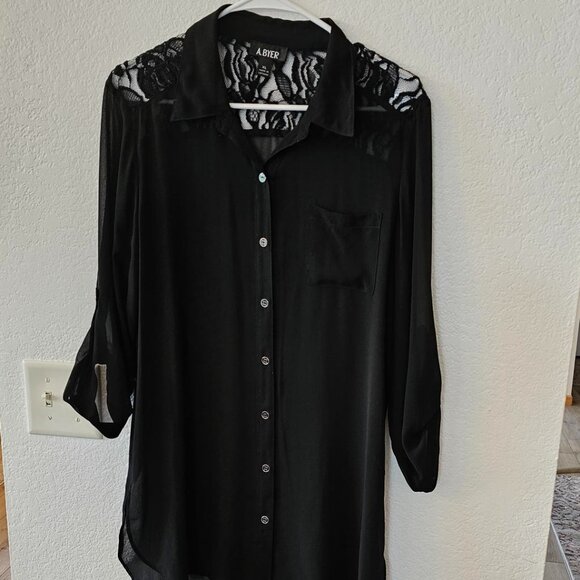 A. Byer Black Women's Size XL Button Top with Lace Detail 3/4 Sleeve - Picture 1 of 6